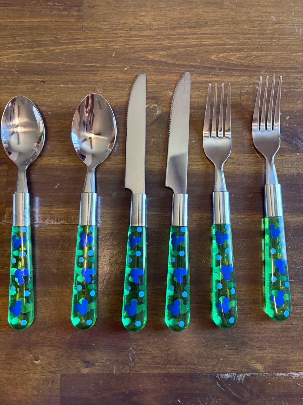 Vintage Mickey Mouse Stainless Steel Flatware Set Green Blue Translucent Logo 6